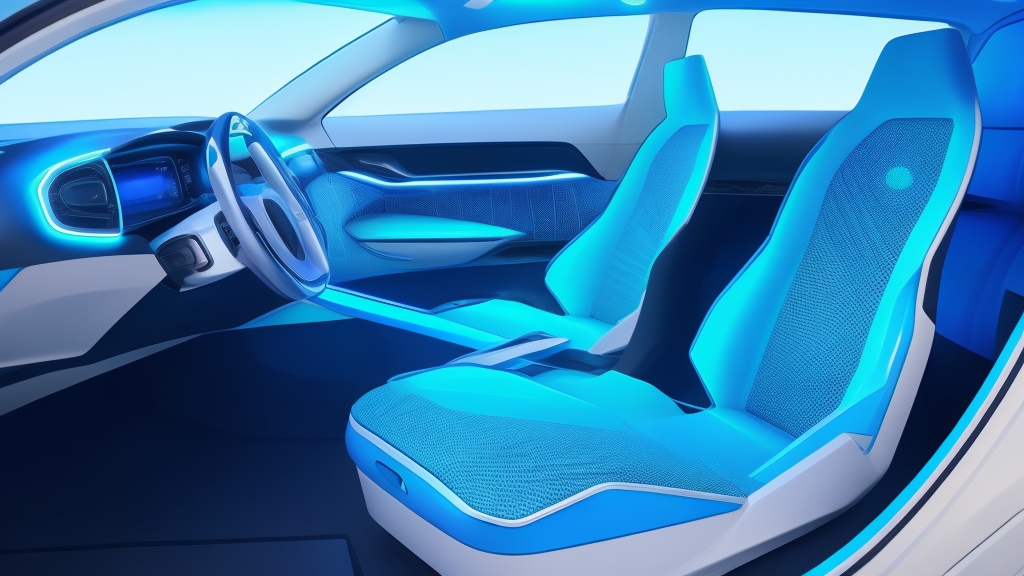 Futurisztikus autó belső intelligens i-Size gyerekülés okos szenzorokkal és LED kijelzőkkel